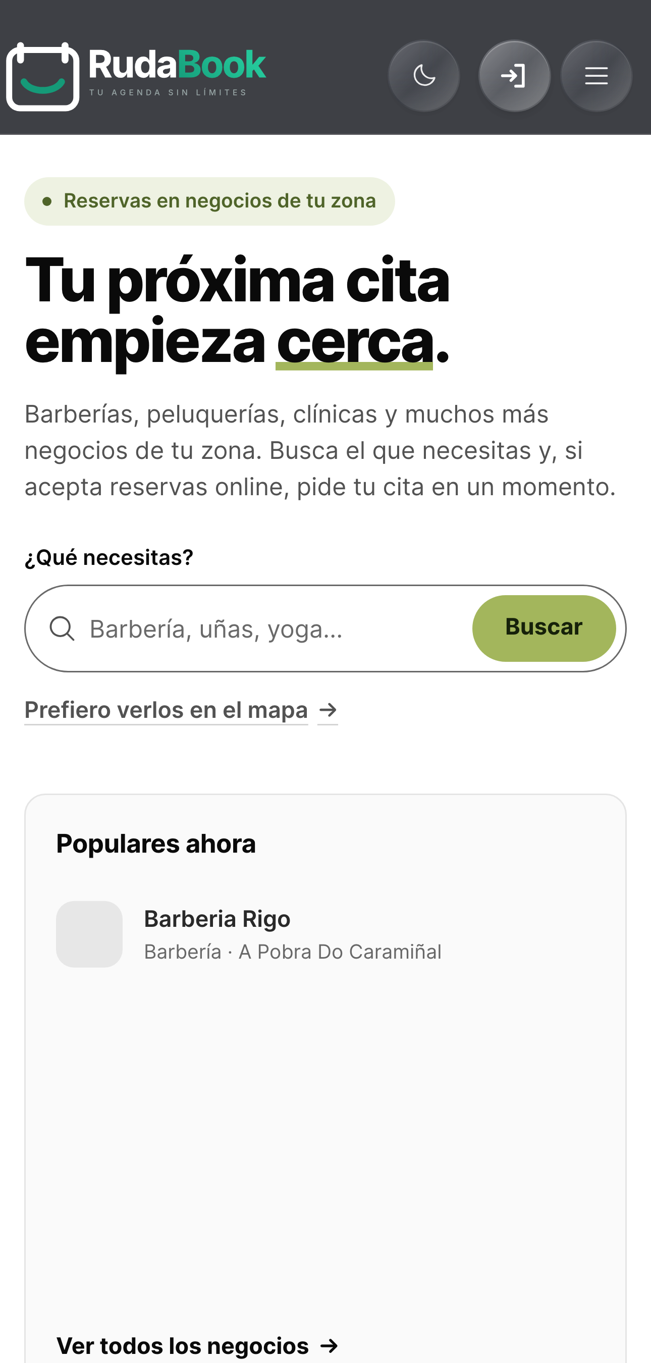 RudaBook en móvil: búsqueda de servicios cercanos