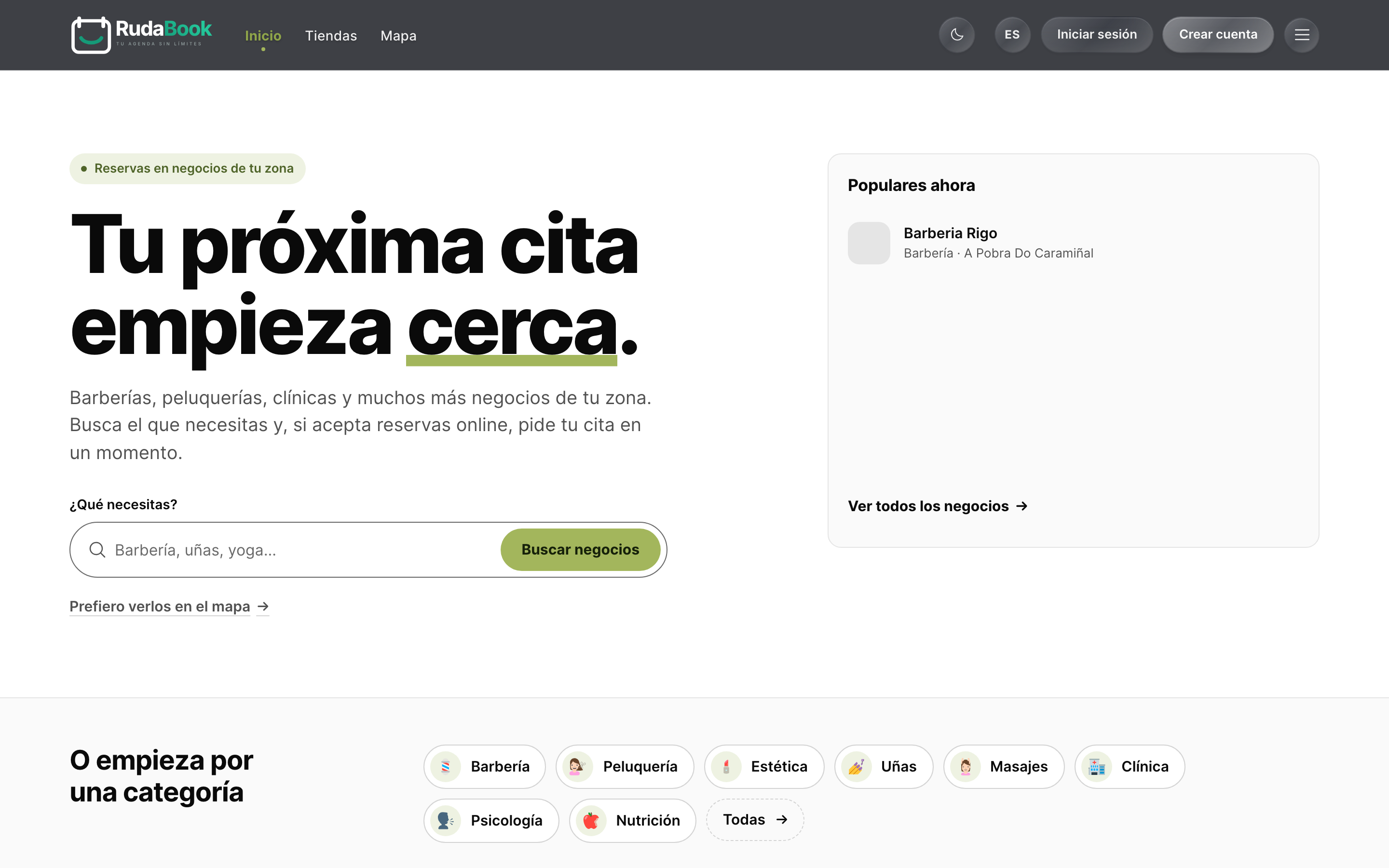 RudaBook en web: búsqueda de negocios y categorías de servicios